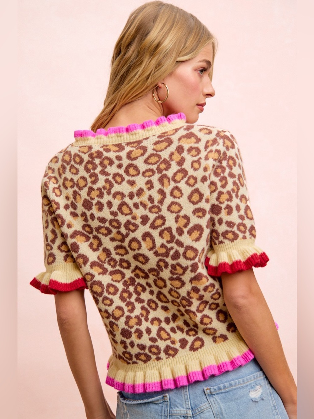 BiBi Leopard Patterned Ruffled Detail Button Cardigan - Picture 8 of 10